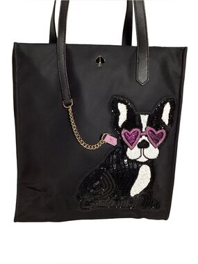 Kate Spade Kitt Francois Large NS Black Nylon Tote Bag Sequin Bull Dog